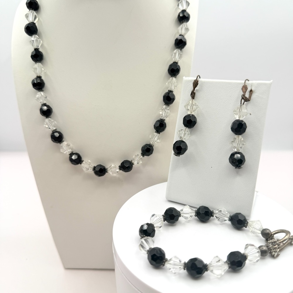 Vintage Black Crystal Bead Necklace Bracelet Earrings Matching Set